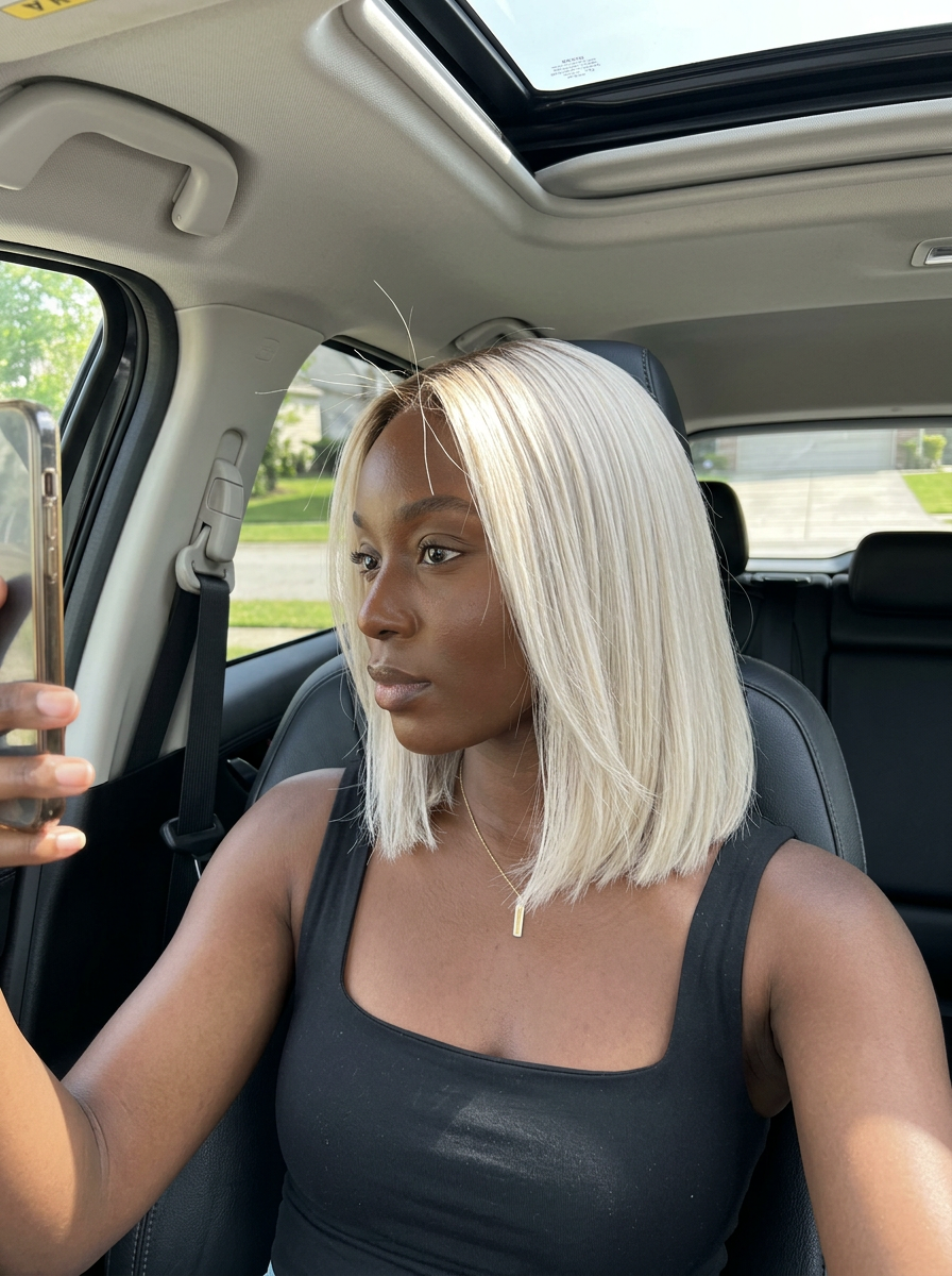 short blunt bob dark blonde root stretch to pure platinum blonde for summer