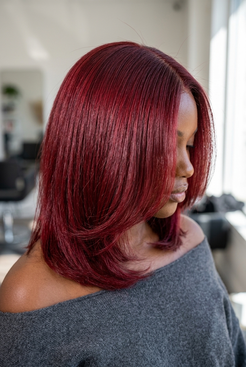 medium lob haircut with vibrant cherry red color, sculpted layers, and rounded ends for a glamorous look