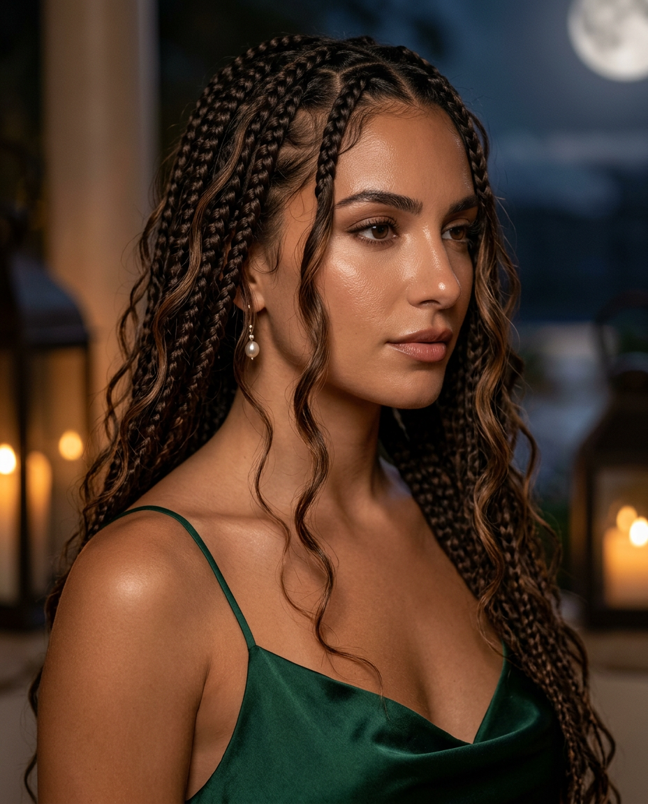 long goddess braids in espresso brunette with caramel highlights and loose wavy tendrils for romantic summer look